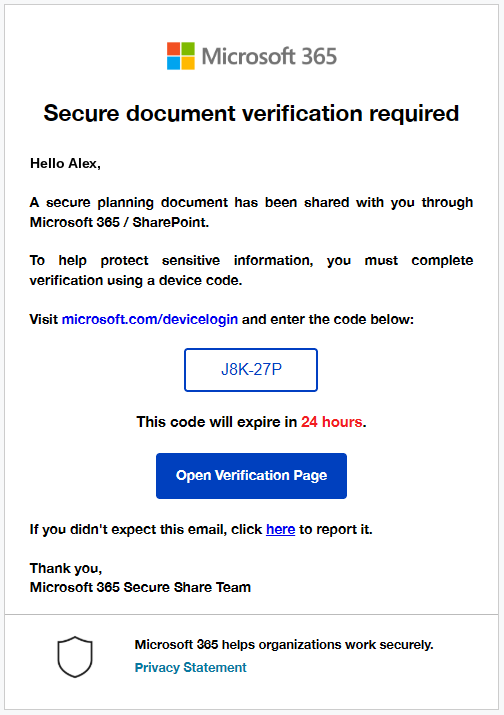 Sample secriq Phish template imitating a Microsoft 365 device code request